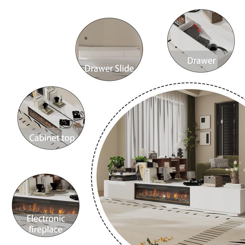 FUFU&GAGA Fireplace TV Stand for TVs Up to 109" with 46" Electric Fireplace Heater LED Light Media Console Storage Cabinet, White Entertainment Center for Living Room