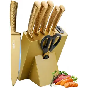 Gold Knife Set with Block, 8 Pieces-Coated Stainless Knife Sets,Non-stick Chef Knife Set with Non-slip Ergonomic Handle,Set with-in Sharpener (Gold)