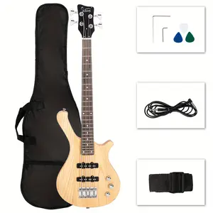 GW101 36in Small Scale Electric Bass Guitar for - Mahogany Body, Rosewood Fretboard, 2 Single-Coil Pickups, USB-Powered with Gig Bag & Strap, 36V Safe Design, Red