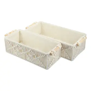 Unique Bargains 1 Set Woven Baskets Decor Box, Macrame Storage Baskets, Toilet Cabinet Organizer, for Bedroom Livingroom Home, Wood and Cotton