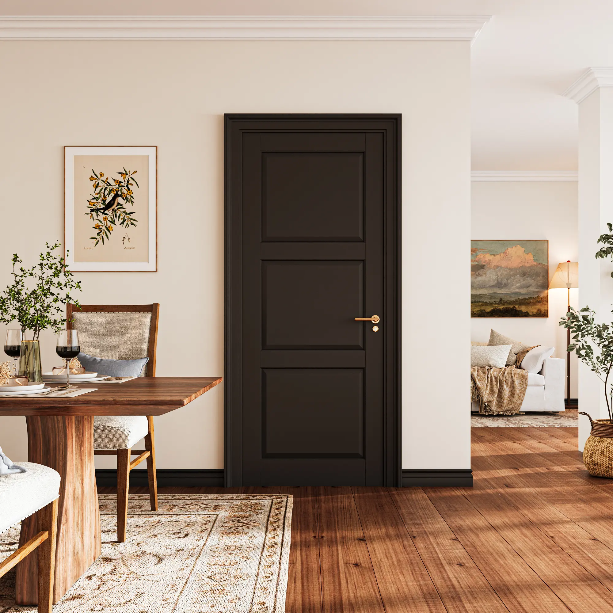 Black 3-Panel Slab French Look Interior Door - Pre-Assembled Wood+MDF Door Panel for Closet, Bedroom Use
