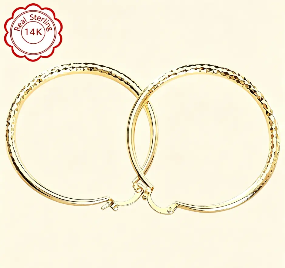 14K Gold Hoop Earrings for Women - Large 50mm (2 Inch) Sparkling Diamond-Cut Textured Hoops, Hypoallergenic for Sensitive Ears, Lightweight Comfortable, Daily Waterproof & Tarnish Resistant, Secure Click-Top Closure, Perfect for Everyday Office Party Date