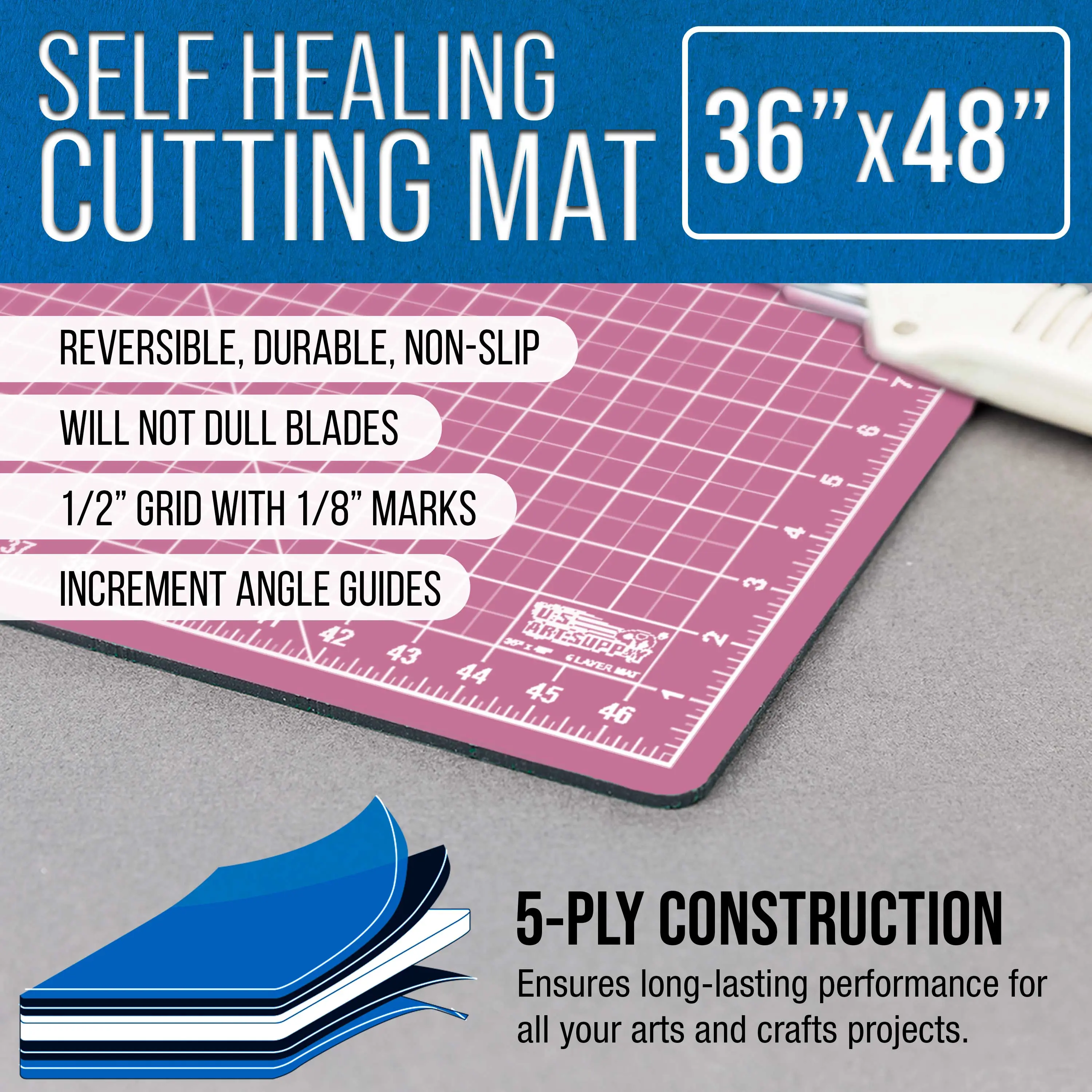 36" x 48" Self-Healing Cutting Mat 5-Ply - Double-Sided Pink/Blue Craft Mat, Non-Slip Cutting Mats for Crafts, Sewing, Quilting, Scrapbooking