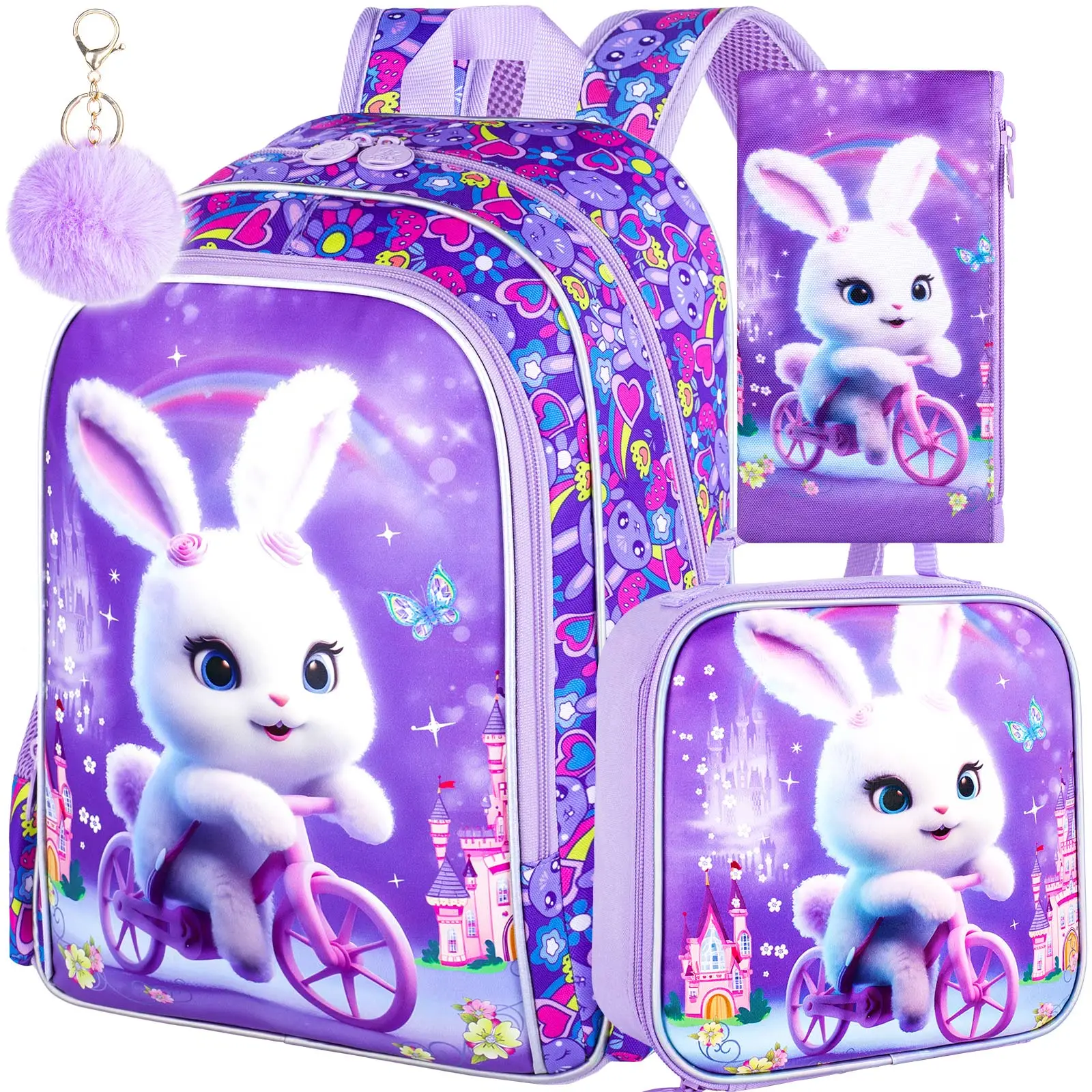 3PCS Backpacks for Girls, 16" Elementary Kids Cute Rabbit Backpack Preschool School Bookbags and Lunch Box