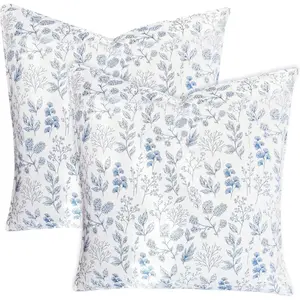 Lady Ann Throw Pillow Covers Set, Blue and White Floral & Leaves Pattern Printed Pillow Shams 26x26 of 2, Soft & Cozy Couch Euro Cotton Quilted Pillow Cases for Sofa Bed, Living Room, and Home Decor