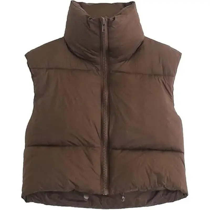 Women's Lightweight Winter Crop Puffer Vest Warm Sleeveless Zip Up Stand Collar Padded Gilet Womenswear Tops Warmer Zippers Basic Black