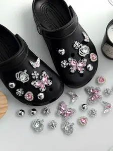 Elegant Silver Hole Shoe Clips Set, Butterfly Crown Heart Decorations, Trendy Hole Shoes Accessories, Shoe Charms, 16 Pieces