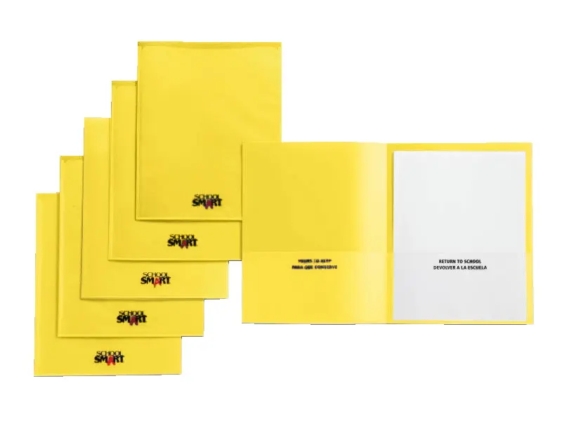 School Smart Heavy-Duty Letter Size Take Home Folder - 24-Pack, Yellow, Polypropylene, Grained Finish, Business Card Holder Slot, Embossed Border, 2 Full-Size View Pockets, 0.5 lbs, for Students