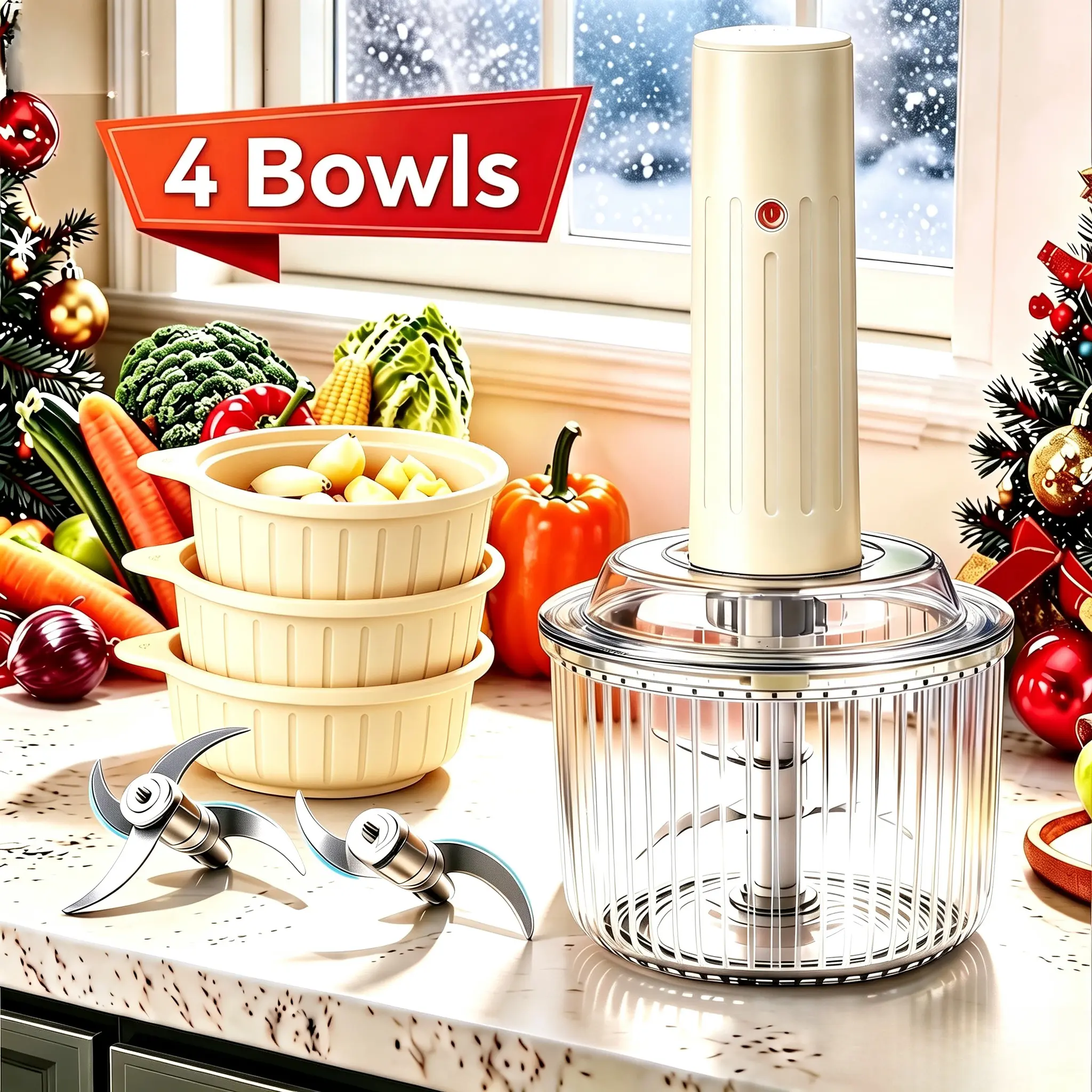 4 Bowls Of Dual Blade Multifunctional Food Processor, Wireless Portable Rechargeable MeatGrinder, Mini Electric Garlic Blender, Garlic Vegetable Mixer, Suitable For Various Foods Such As Meat And Garlic, Meeting The Diverse Needs Of The Kitchen