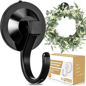 Large Suction Cup Hooks for Door Wreaths, 4 Pack Wreath Hangers for Front Door, Glass, Window, Shower, Upgraded 1.9" Diameter Wreath Holder, No Tools, No , Holds Up to 22 lbs, Black