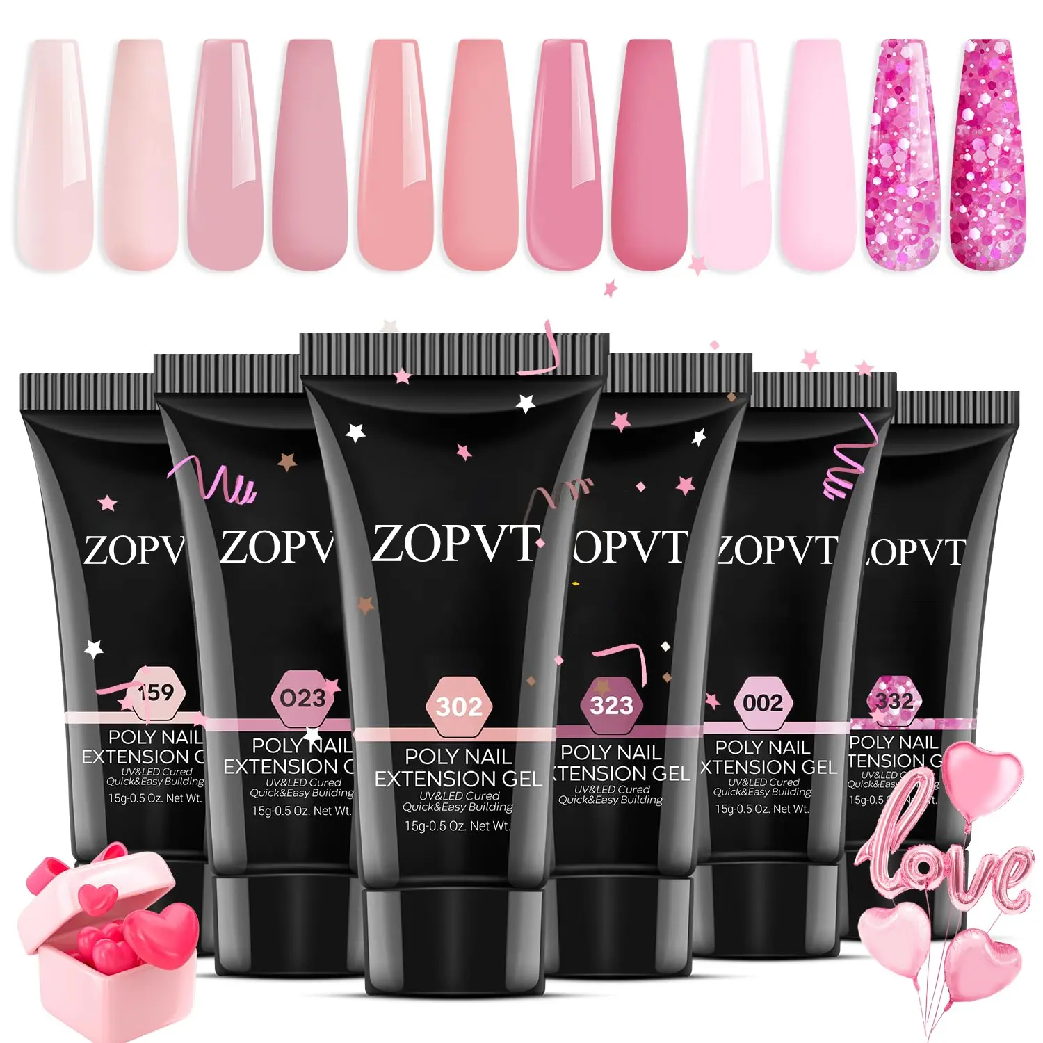 Poly Nail Gel Set, Nail Extension Kit, 6 Colors Confetti Series, Nude Glitter Color, Polyester Extension Gel, UV Nail Gel, Summer Manicure DIY Home Salon Beauty Gift, Polygel Nail Kits