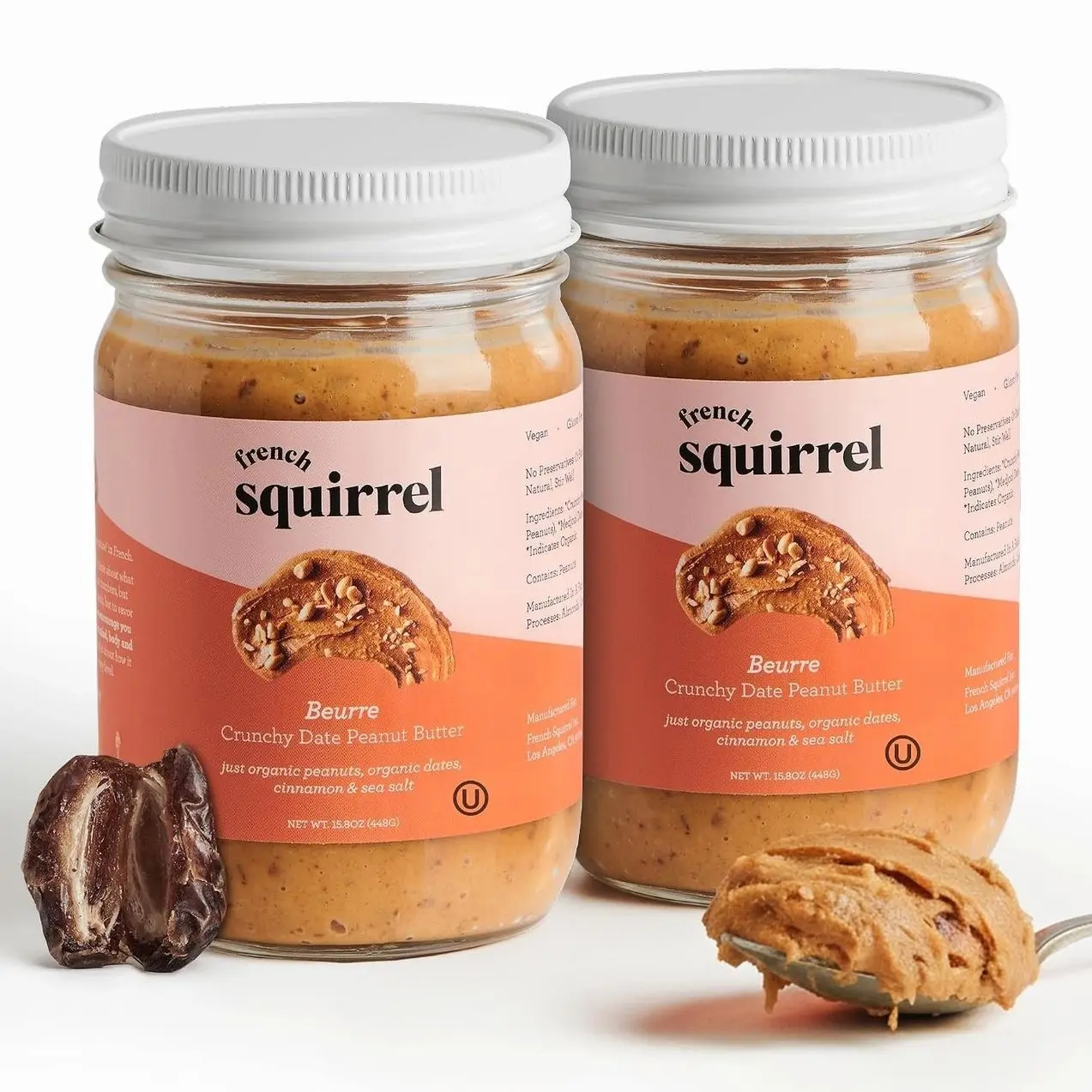 French Squirrel Peanut Beurre - Gluten-Free, Nutrient-rich Fresh Peanut Butter - Vegan PeanutButter w/Dates, Cinnamon, Sea Salt - Crunchy Peanutbutter for Toasts, Oatmeal, Porridge & More (2 Pack)