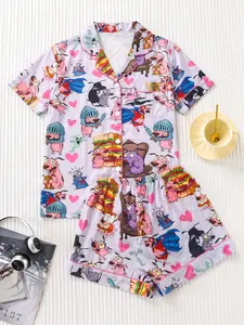 2 Piece Cartoon Print Women's Pajama Set, Collar Button Short Sleeve Top + Loose Comfortable Shorts, Cute Fitted Sleepwear for All Seasons, Funny Pajamas, Pjs