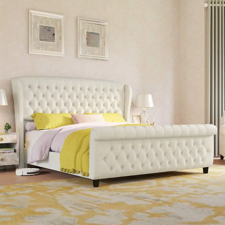 Classic Multi-Size Velvet Upholstered Sleigh Bed Frame (Queen/King/California King), Curved Headboard & Footboard, Deep Tufted Design, No Box Spring Needed, Requires Assembly