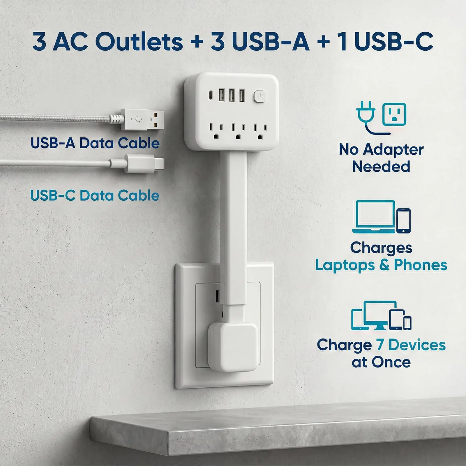 Outlet Extender Stick, 18-28 in Extendable Power Strip with 180° Rotating Plug, 3 AC Outlets, 2 USB-A + 1 USB-C, Wall Plug Extension for Behind Couch, Sofa, Nightstand