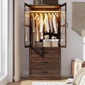 75" Tall Farmhouse 2 Doors Armoire Wardrobe Closet with 3 Drawers and LED,Freestanding Closet Wardrobe Cabinet for Bedroom with Hanging Rod,Wooden Armoire Storage Cabinet with Adjustable shelve(Black/Brown)