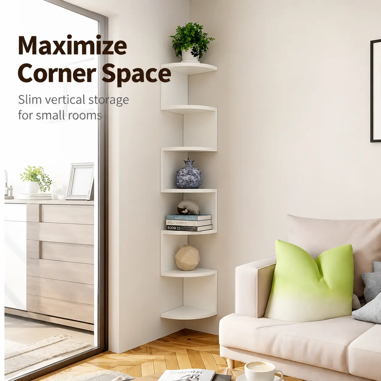 White 7-Tier Corner Bookshelf Organiser - Minimalist Freestanding Chic Shelving & Storage Rack, Space-Saving Display for Books, Plants, Photos, Room Decor, Living Room, Bedroom