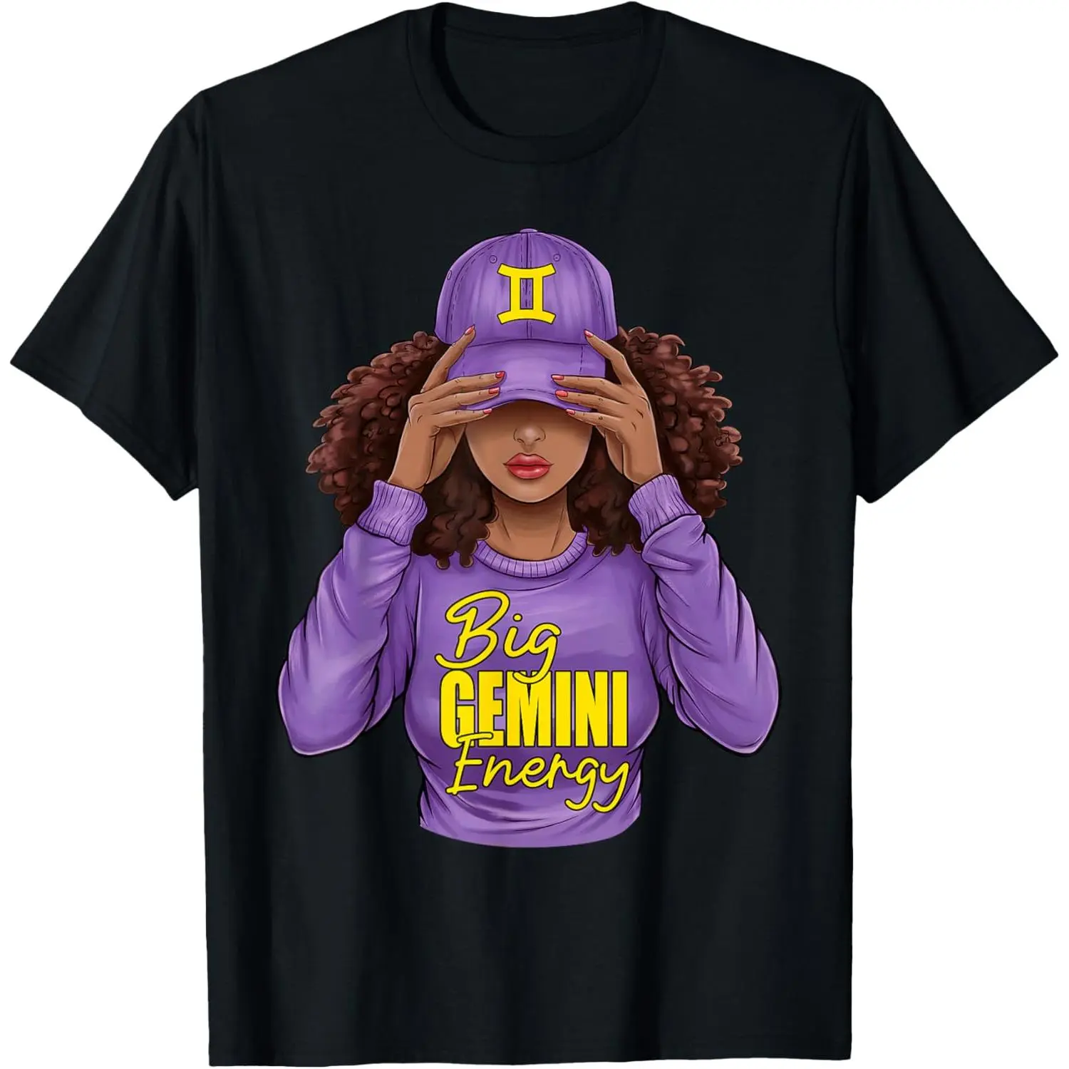 100%cotton Big Gemini Energy Zodiac Birthday Afro Girl Black Woman T-Shirt