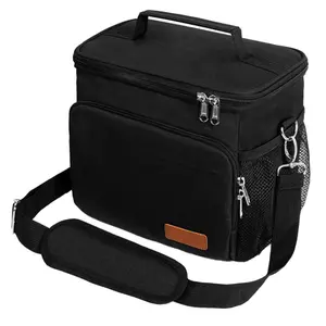 Insulated Leak-Proof Cooler Lunch Box, Medium Black Lunch Bag with 4 Pockets, Adjustable Strap, 10.2"×6.9"×8.5" - Ideal for Men, Work, Picnic
