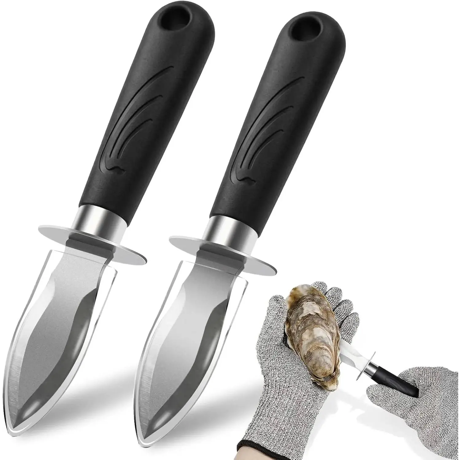 Oyster Shucking Knife Set - 2 Stainless Steel Oyster Shucker and Oyster Shucking Knife with PVC Sheath & 2 Cut Resistant Gloves and Oyster Shucking Kit for All Kinds of Shells, Clam, and Crab