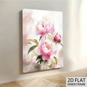 1 Piece Modern Floral Canvas Wall Art with Wooden Inner Frame - Pink Peony Watercolor Painting, Flower Painting Canvas, Contemporary Plant Print for Living Room, Bedroom, Office Decoration, Exquisite Details, 2D Flat Surface