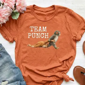 Punch The Monkey Meme Graphic T-Shirt Tee Top Baby Monkey Holding Plush Toy Retro Style Homage