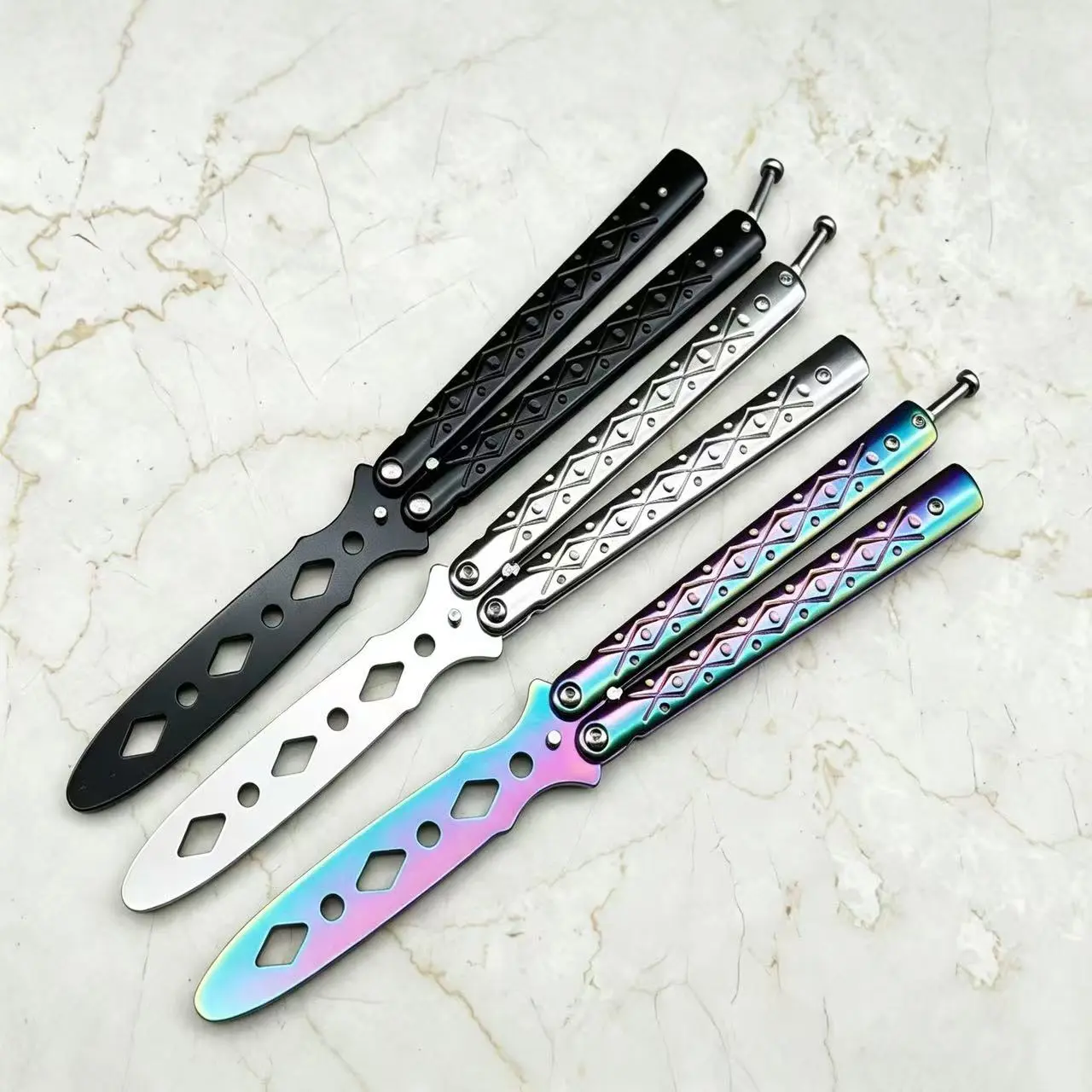 Alloy Steel Rainbow Finish Butterfly Training Knife - Unsharpened Balisong Practice Blade, 110g Weight, Balanced Grip for Bushcrafting Skill Practice, Cool EDC Tool for Teen Boy Gift