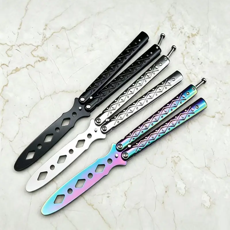 Alloy Steel Rainbow Gradient Butterfly Training Knife - Solid Metal Body, 15cm (centimeters) Unsharpened Blade, 110g (grams) Weight, Smooth & Balanced Handling, Non-Retractable, Butterfly Detail, EDC Gear, Teen Boy Gift, Camping & Hiking Tool