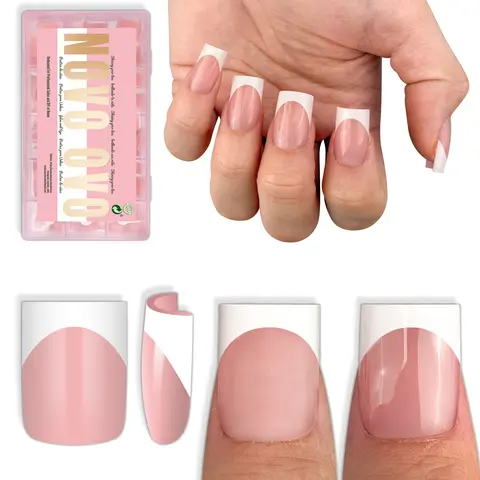 NOVO OVO 15-Size Short Sharp Square White French/Pure Tip Press-On Nail Sets for Adults - Soft Gel Full Cover, Requires Builder Gel Top Coat & Nail Glue, Easy to Apply for Salon DIY, No Glue/UV Light Included