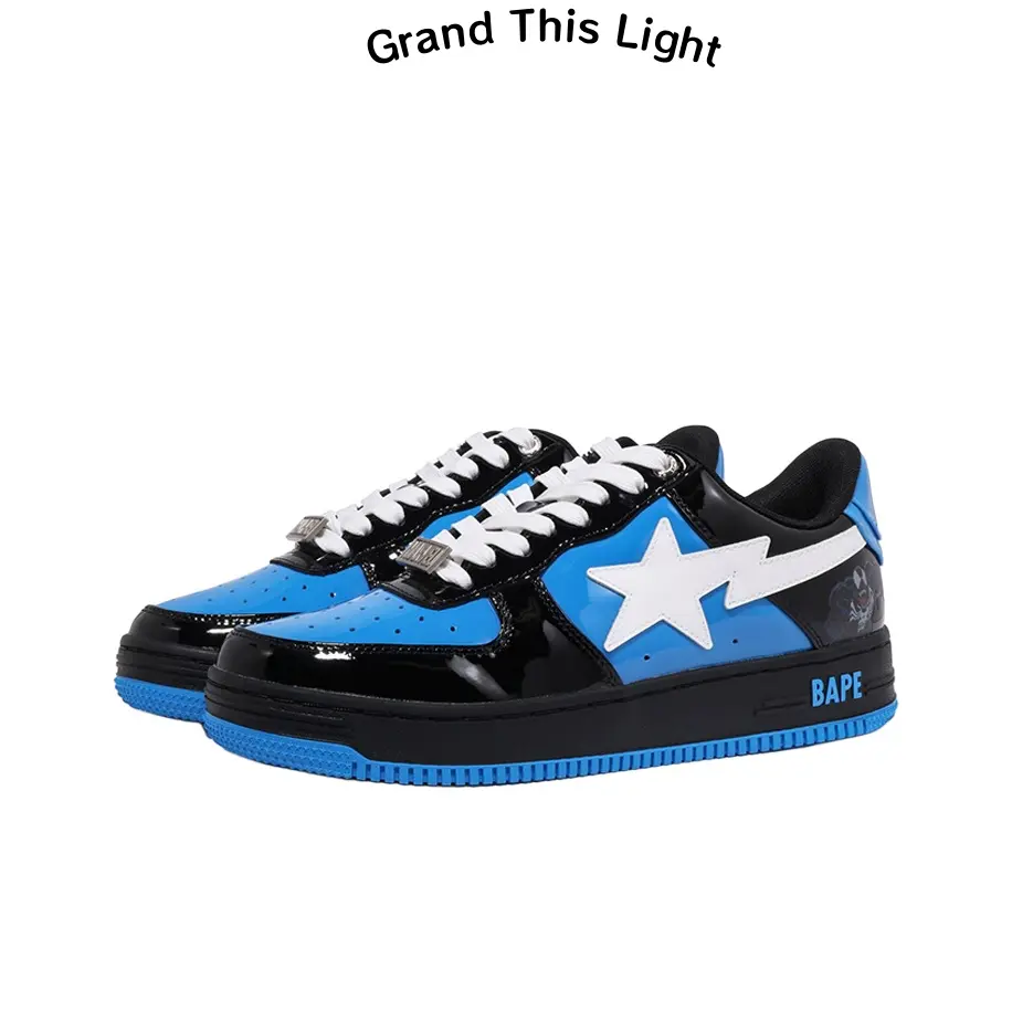 Lightweight vintage trainer sneakers use breathable perforated glossy patent leather, mixed black and vivid blue patent upper with chunky white laces, flexible thick blue-tipped gum rubber outsole, ideal for campus walks, skating and weekend outings