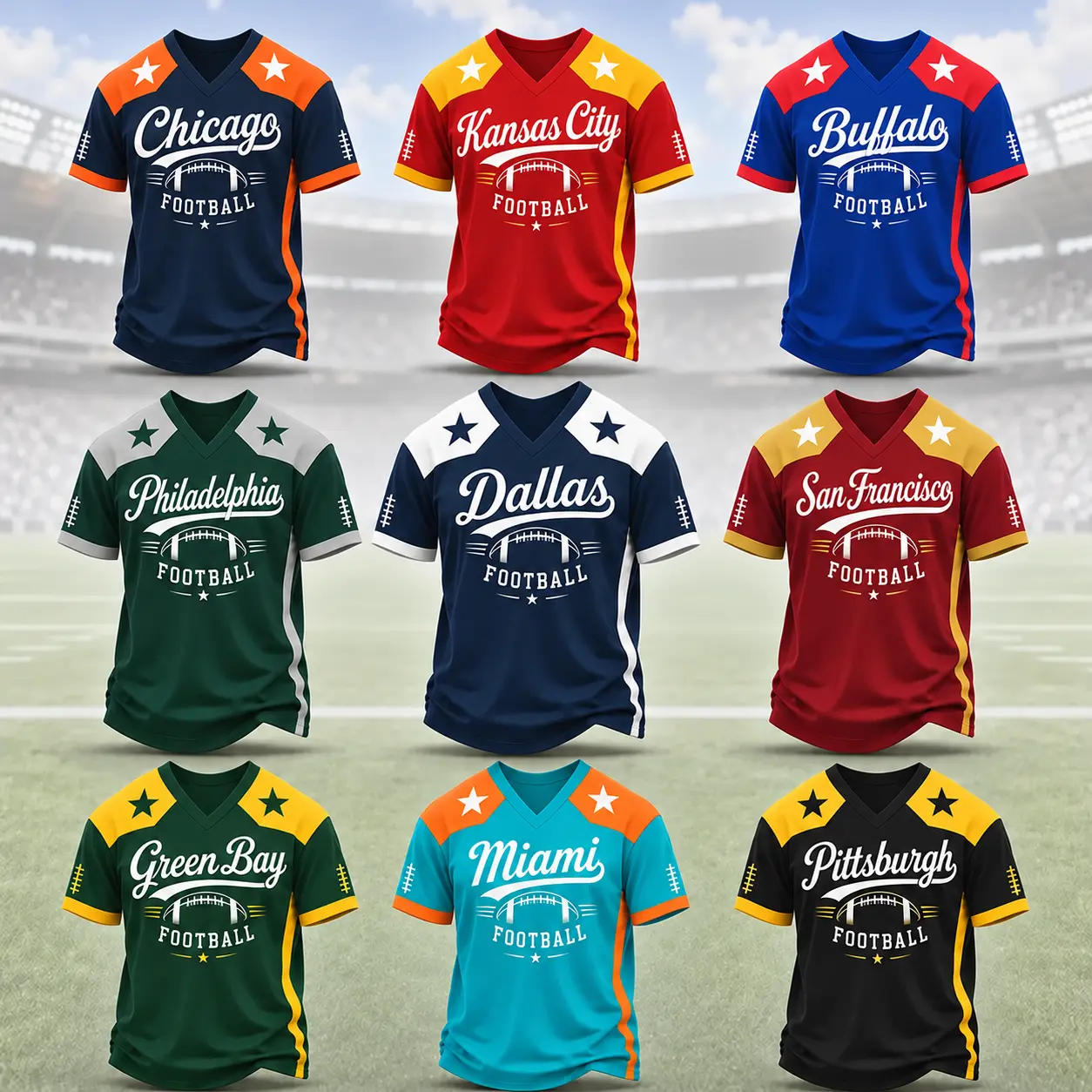 Unisex 32 City American Football Jersey Graphic V-Neck Tee Made In USA, Chicago Dallas Patchwork Stars Lone Star Print, Oversized Relaxed Fit Short Sleeve Tee, Sizes XXS - 7XL, Casual Game Day Streetwear Top For Men Women Football Fans