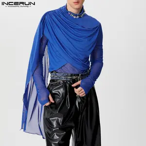 INCERUN Men's Basic Mock Neck Satin Solid Long-Sleeve T-Shirt - Polyester Fabric, Ribbon Design Menswear Top, Casual Basics Tshirt for Daily Wear
