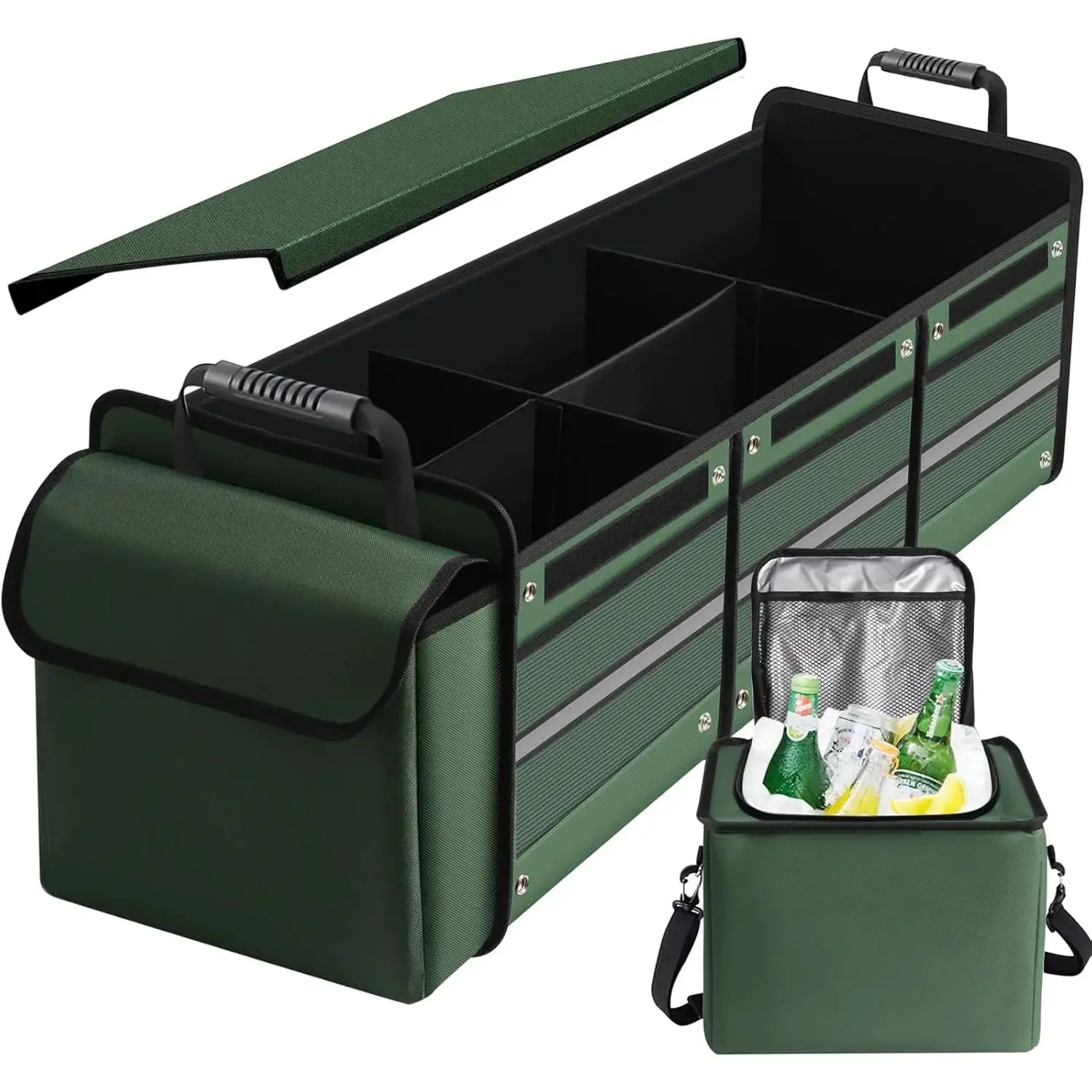 Green Heavy Duty Trunk Organizer - 115L Collapsible Cargo Organizer with Lid, 3 Compartments, Straps, Built-in Insulation Bag for Shopping, Road Trips, Camping, SUV, Sedan