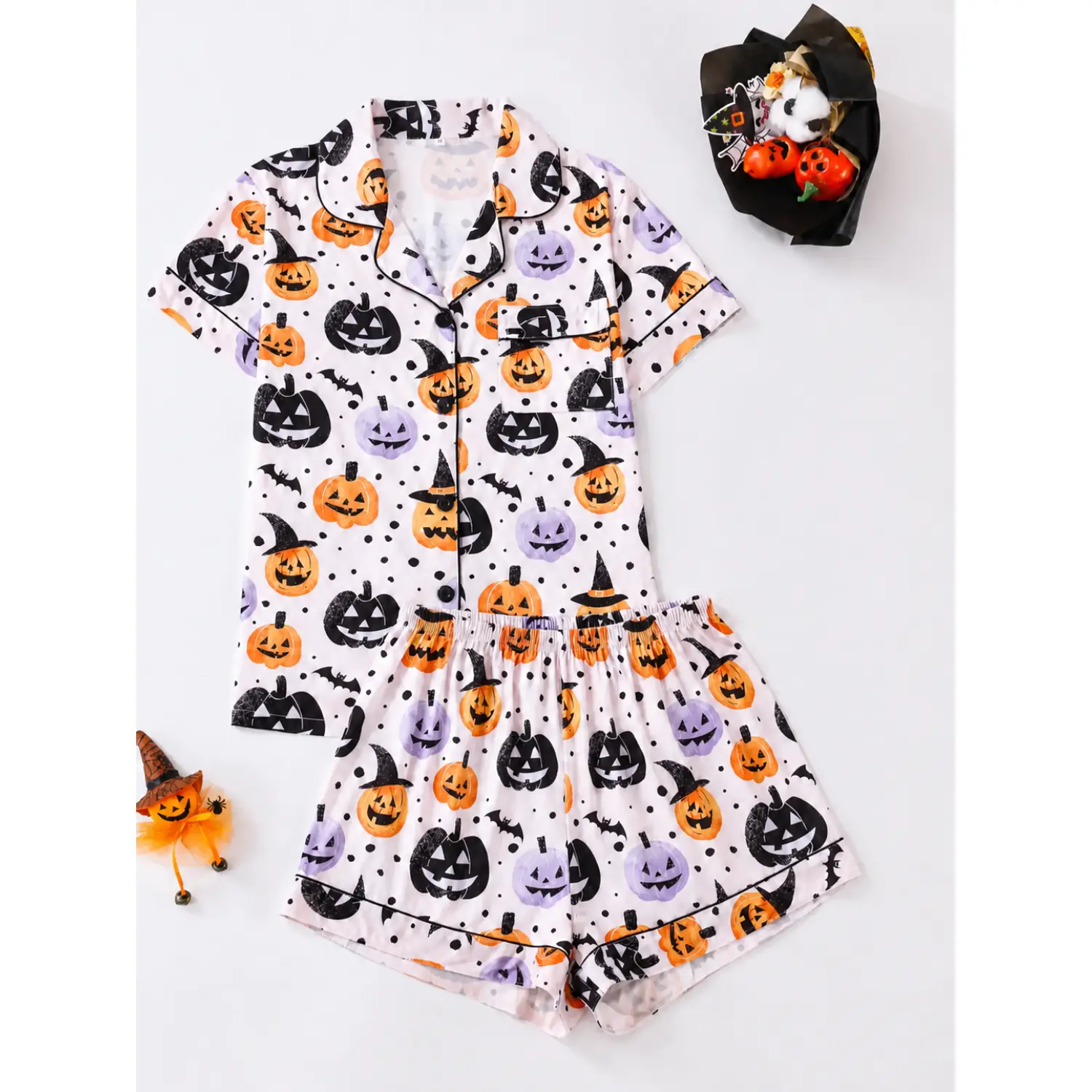 Silk-Feel Women's Halloween Pajama Set with Pumpkin Bat Print - Loose Fit Button-Up Short Sleeve Top & Shorts Sleepwear