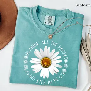 Comfort Colors Imagine Peace T-Shirt – Floral Daisy Peace Sign Tee, John Lennon Inspired, Retro Hippie Shirt, Boho Peace Quote Tee