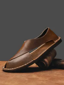 Men's Genuine Leather Hand-Stitched Sandals, Summer Hollow Out Toe Posture Roman Beach Shoes, Casual Comfortable Footwear