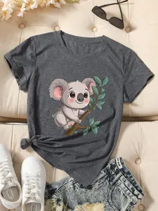 Street Style Cartoon Animal Koala Print Women's Casual Fitted Short Sleeve Knit Top, Streetwear, Geometric Pattern, All Seasons, Regular Fit, Piece