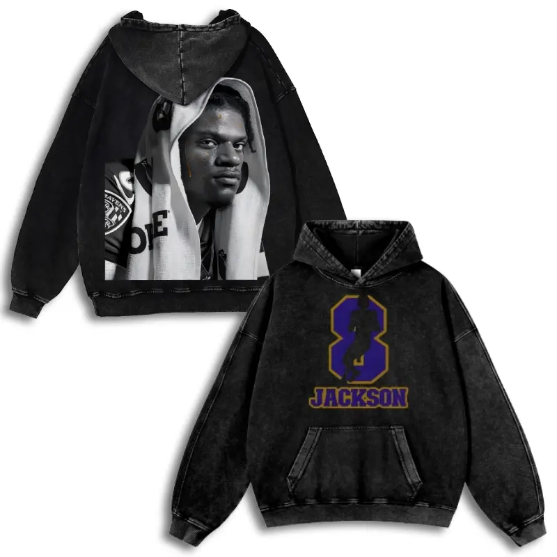 Lamar Jackson #8 Ravens Casual Washed Hoodie | Action Jackson QB Apparel, Purple Flock Identity, Oversized Fade Dual-Threat Essential