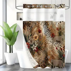 LVRLVR 1pc Boho Leopard Print Shower Curtain with Sheer Top Window, Detachable Liner & No Hook C-Ring, 70.8" x 74"