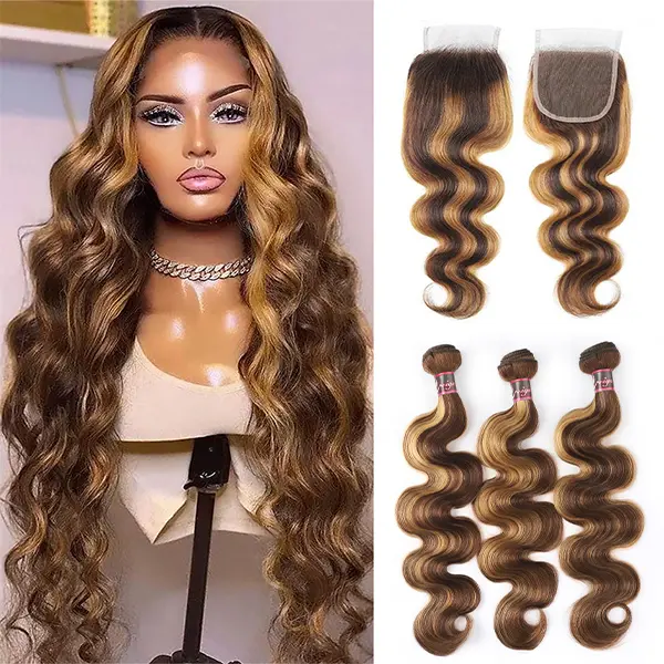 5x5 Closure With Body Wave Bundles 4/27 Highlight Colored Human Hair Bundles With Closure