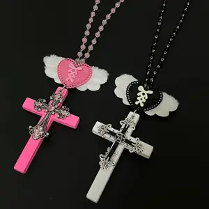 Y2K Angel Cross Necklace, Large Gothic Angel Wing Pendant, Vintage Grunge Statement Sweater Chain, Bold Silver Tone Aesthetic Jewelry for Women Festival Streetwear Gift