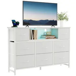 TV Stand with 8 Fabric Drawers & Power Outlet, LED TV Console with USB & Type-C, Storage Dresser for Living Room