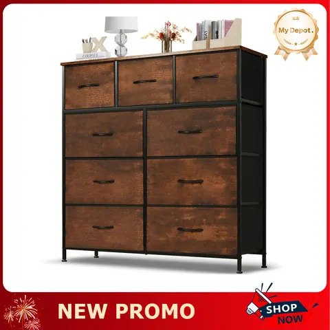 [Deal] Modern 9-Drawer Fabric Dressers for Bedroom & Nursery - Metal-Frame Storage Tower with 3 Medium Drawers, Wood Tabletop, Adjustable Features, Included Tools & Accessories, Wipeable Apartment Cabinet (39.37" L x 11.81" W x 39.96")
