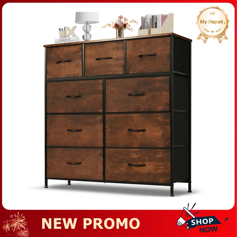 [Deal] Modern Dressers - 9-Drawer Fabric Storage Tower with Metal Frame, 3 Medium Drawers, Wood Tabletop, Adjustable Features, Wipeable Cabinet, Included Tools, Assembly Required, Space-Saving for Bedroom, Playrooms (39.37" L x 11.81" W x 39.96" H)