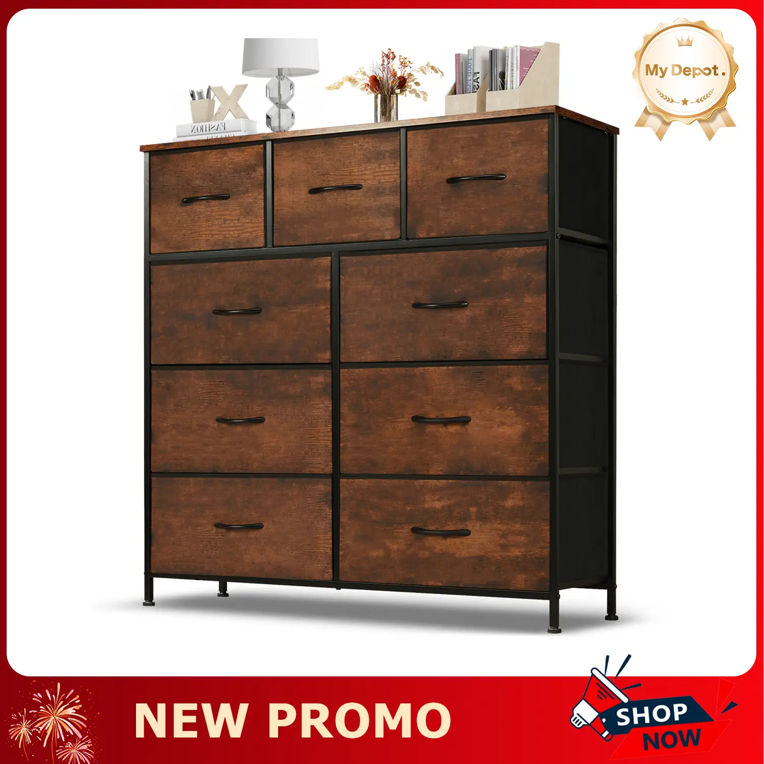 [Deal] Dresser for Bedroom with 9 Drawers, Clothes Drawer Fabric Closet Organizer Cabinet, Large Chest Storage Tower with Metal Frame & Wood Tabletop