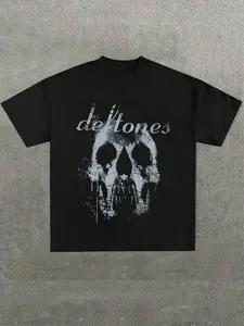 Deftones Skull Dark Rock T-Shirt, Metalcore Street Style, Graphic Print, Short Sleeve, Fitted, Pure Cotton, Casual Wear