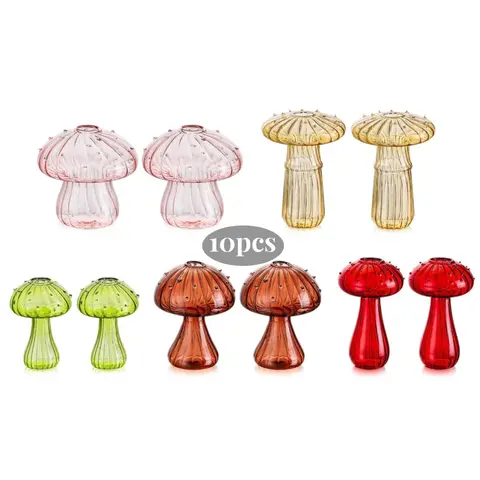 Nuptio 10-Piece Assorted Whimsical Thick Glass Mushroom Boho Vase Set - Handmade Decorative Design Home Decor Plant Holder with Improved Baby Cutting Fit Opening, More Stem Capacity, Fairy-Garden Vibe Colorful Vases for Daughter's Birthday Party
