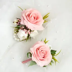 Dusty Pink Rose Corsage For Rustic Wedding Gift, Wrist Pearl Bracelet, Flower Girl Corsage, Real Touch Rose Prom Bracelet, Groom Boutonniere