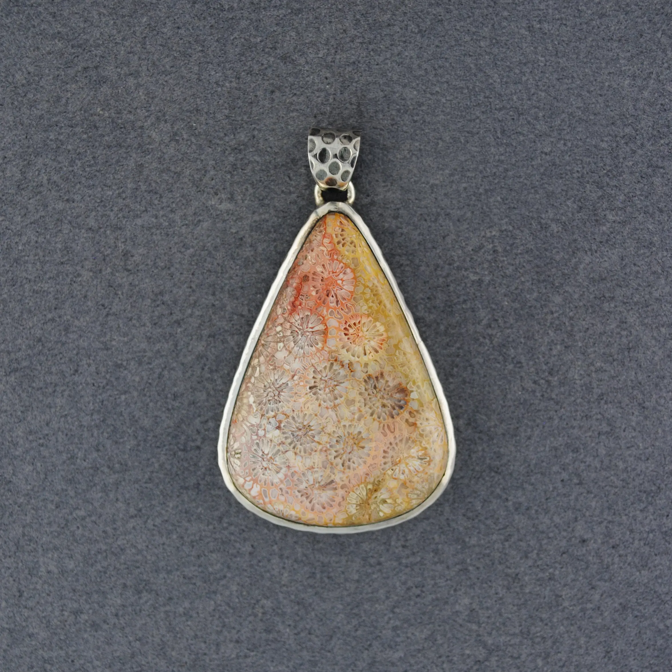Sterling Silver Fossilized Coral Hammered Teardrop Pendant