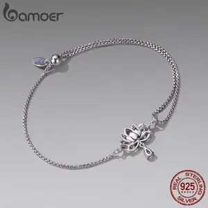 925 Sterling Silver Lotus Adjustable Chain Bracelet Slip-On Round Beads Knot Pendant Box Chain for Women Wrist Decor
